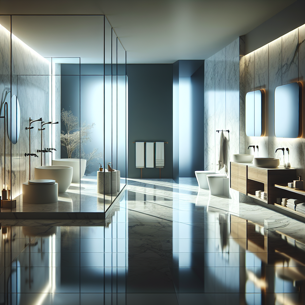 A modern bathroom exhibition showcasing various styles and designs in a bright and inviting space