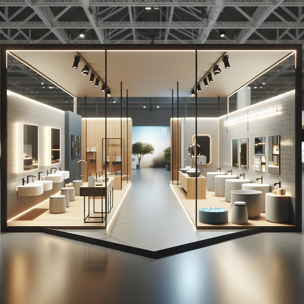 A modern bathroom exhibition showcasing innovative designs and luxurious fixtures in a clean and bright setting