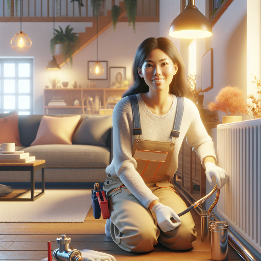 A friendly local plumber working on a heating system in a cozy home setting