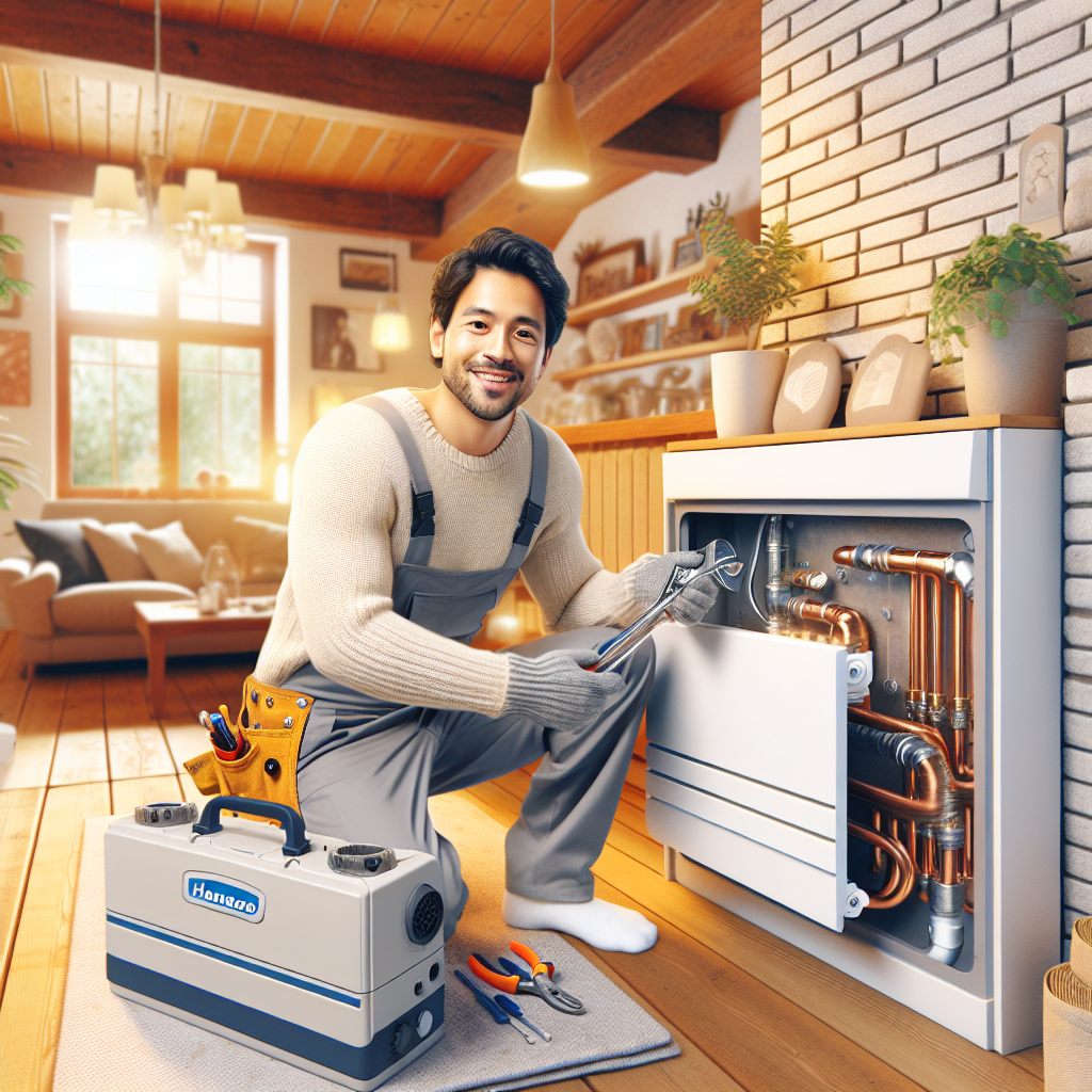 A friendly local plumber working on a heating system in a cozy home environment