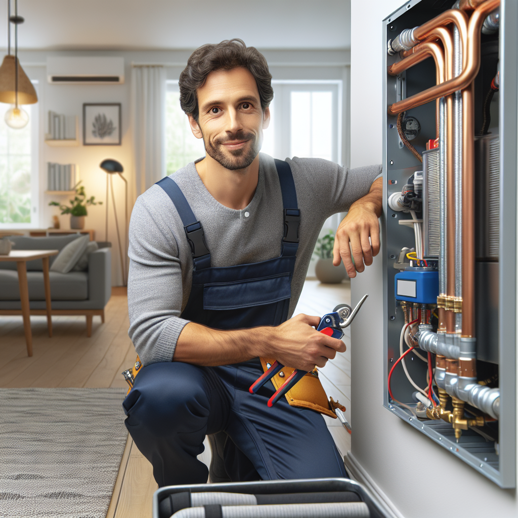 A friendly local plumber inspecting a heating system at a home