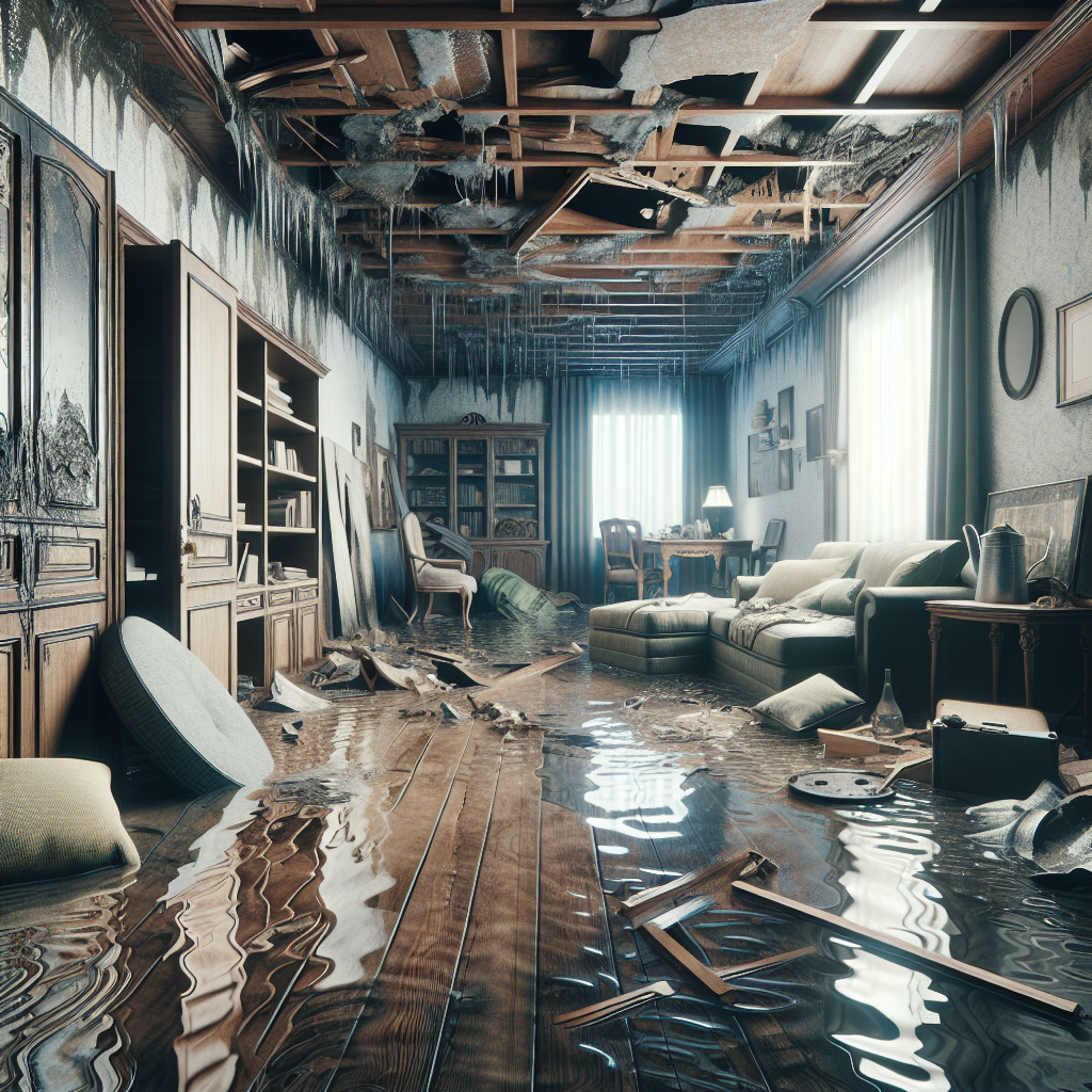 A damaged home interior due to water damage, showing water stains on walls and furniture