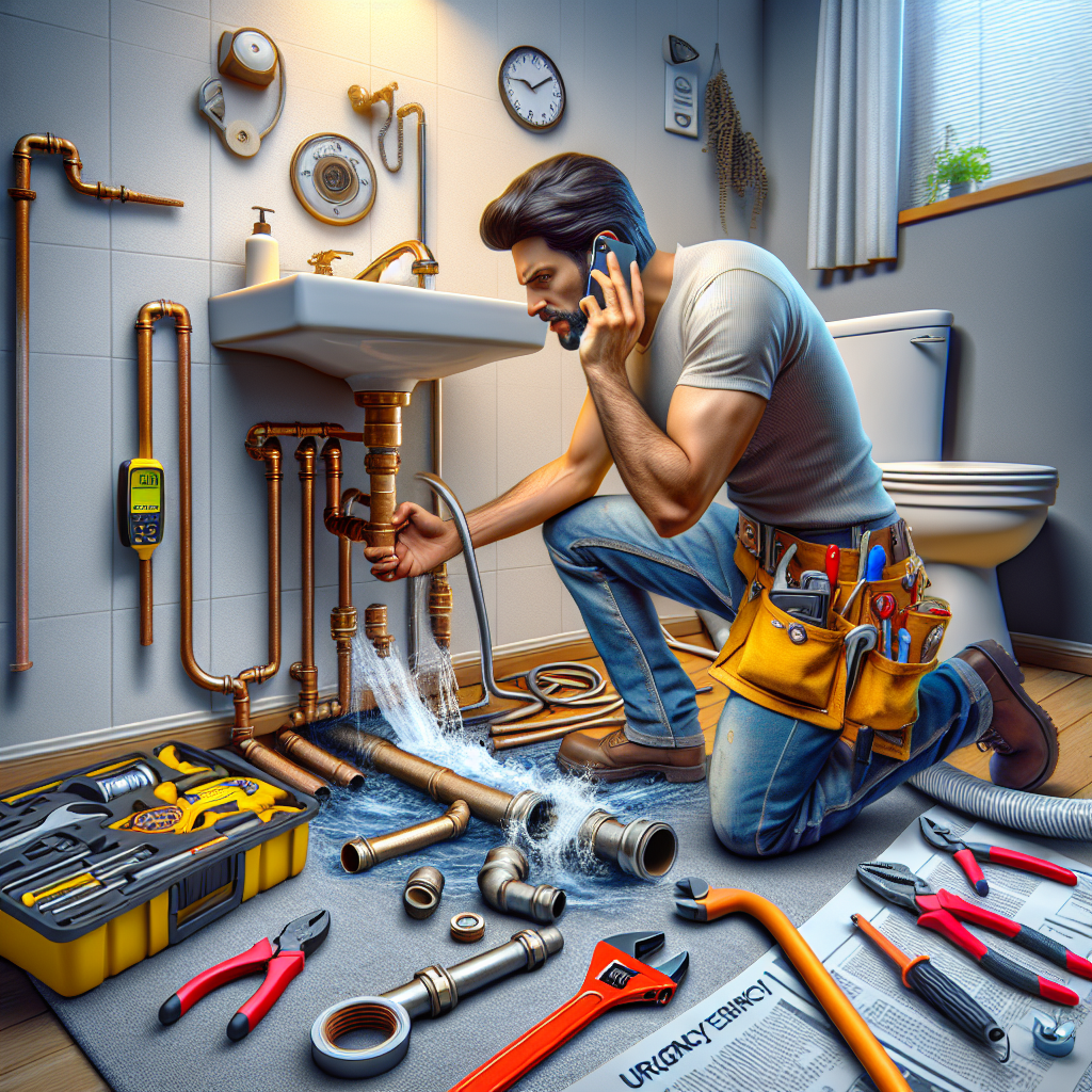 A professional plumber fixing a water leak in a home, showcasing tools and equipment