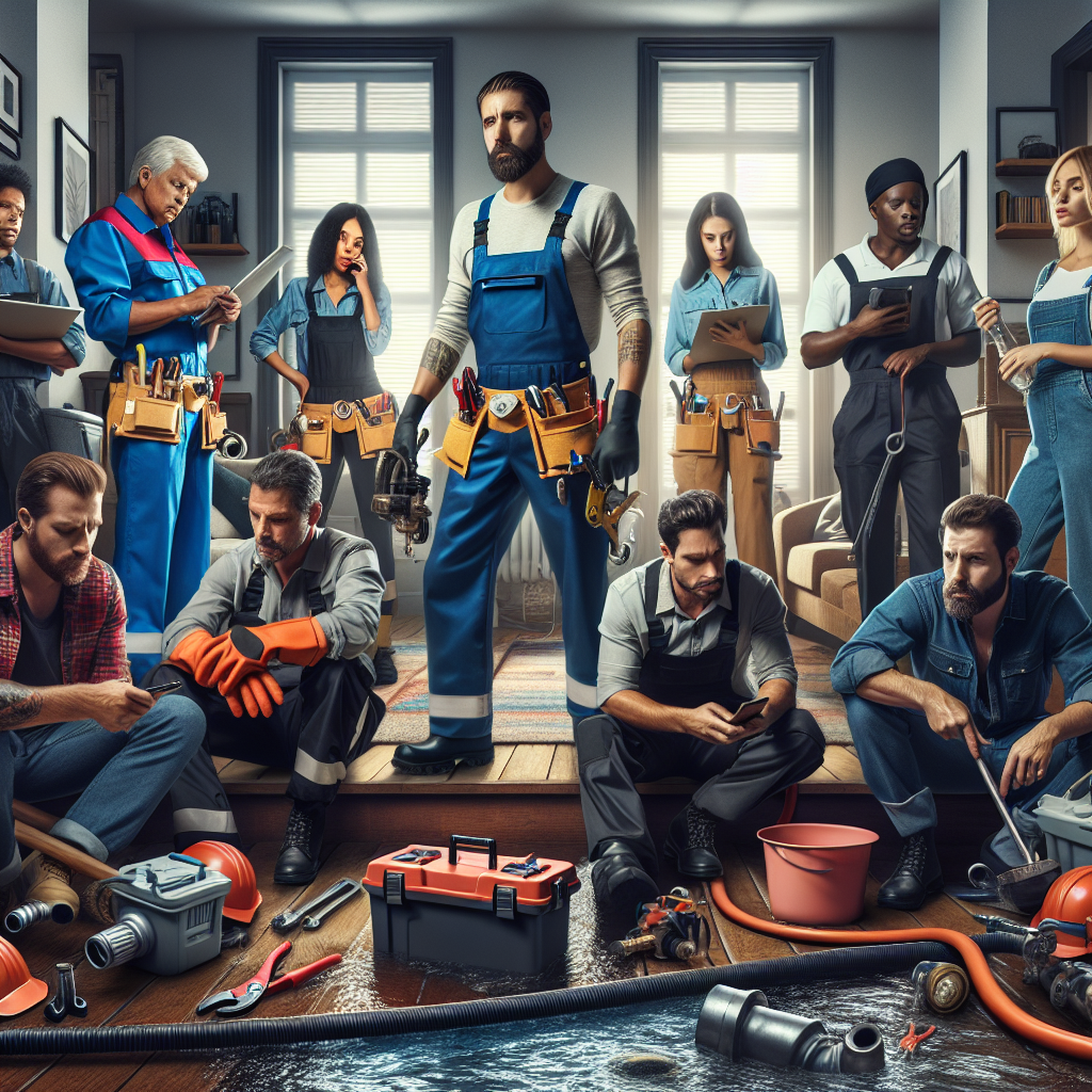 A team of professional plumbers responding to a water emergency in a home, showing tools and equipment for leak detection and repair