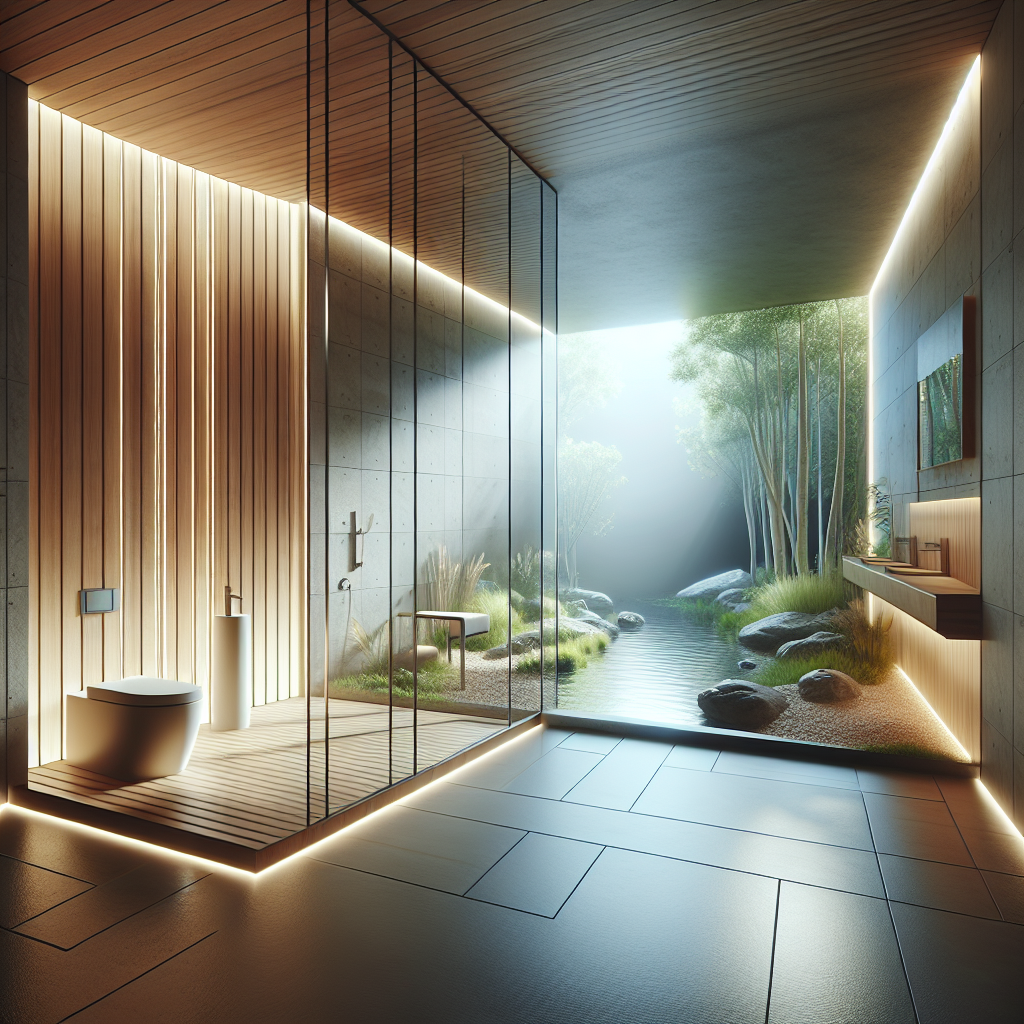 A modern bathroom with sleek design elements, bright colors and natural materials