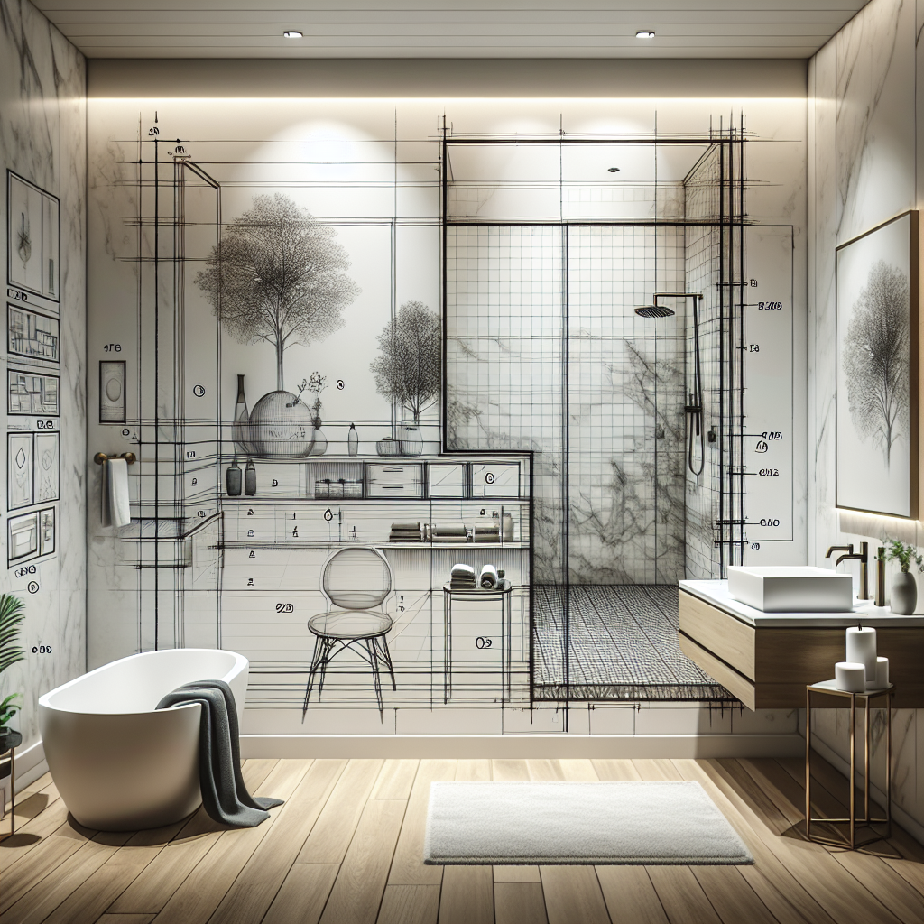 A beautifully designed modern bathroom renovation plan with sketches and materials