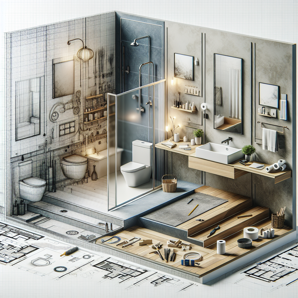A modern bathroom renovation process showing various stages from planning to execution with materials and tools