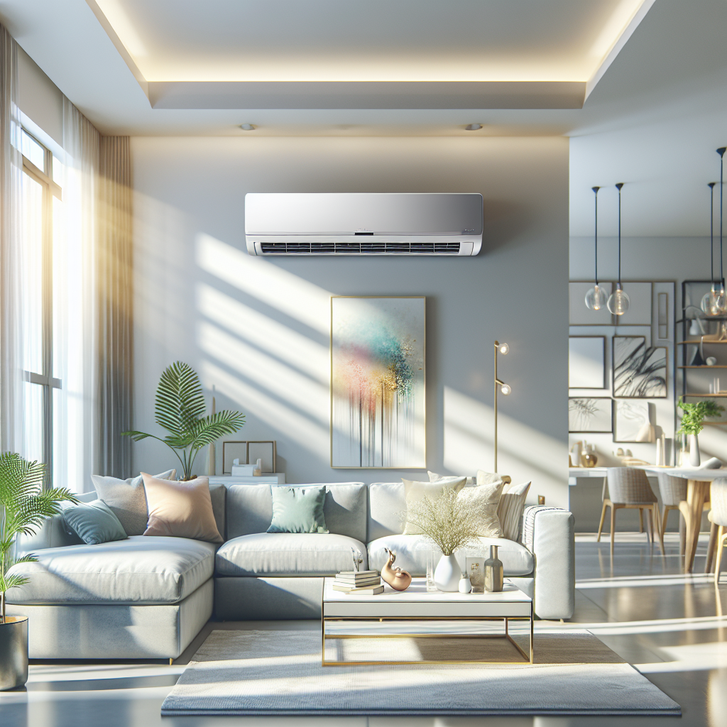 A modern home with a stylish air conditioning unit installed in a sunny living room