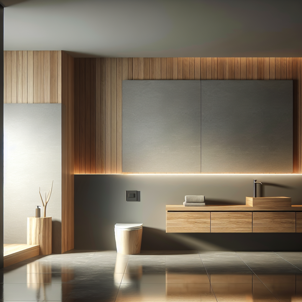 A sleek modern bathroom with minimalist design elements and natural materials like wood and stone