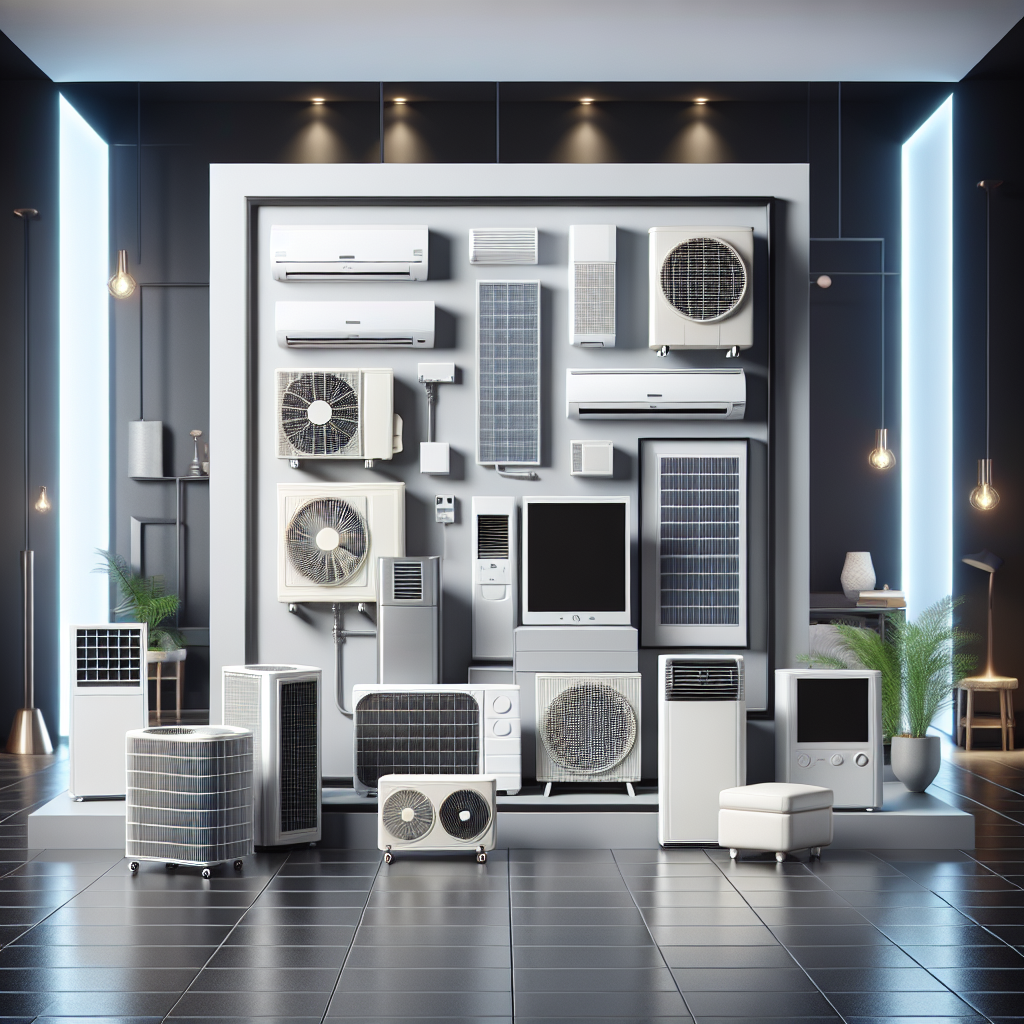 Various types of air conditioning units displayed in a modern setting, showcasing mobile and split systems