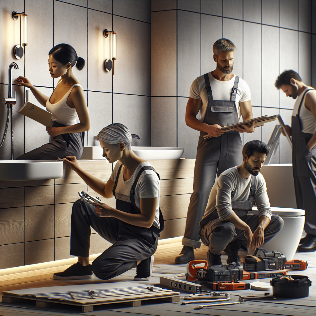 A modern bathroom renovation scene with professionals working on it