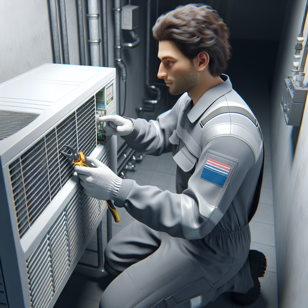 A technician performing maintenance on an air conditioning unit indoors