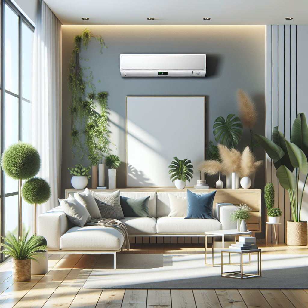 A modern energy-efficient air conditioning unit installed in a stylish living room setting with plants and sunlight