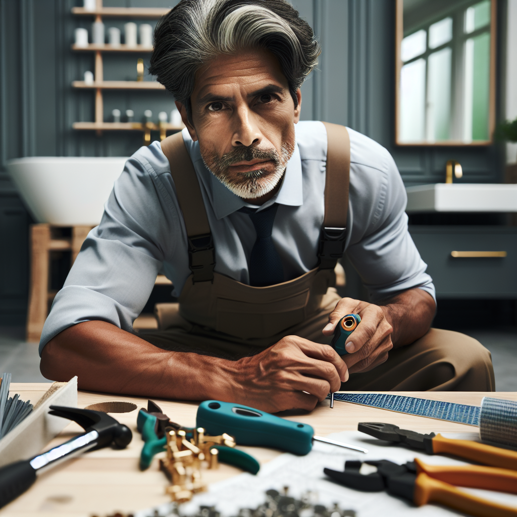 A skilled bathroom craftsman working on a modern bathroom renovation with tools and materials