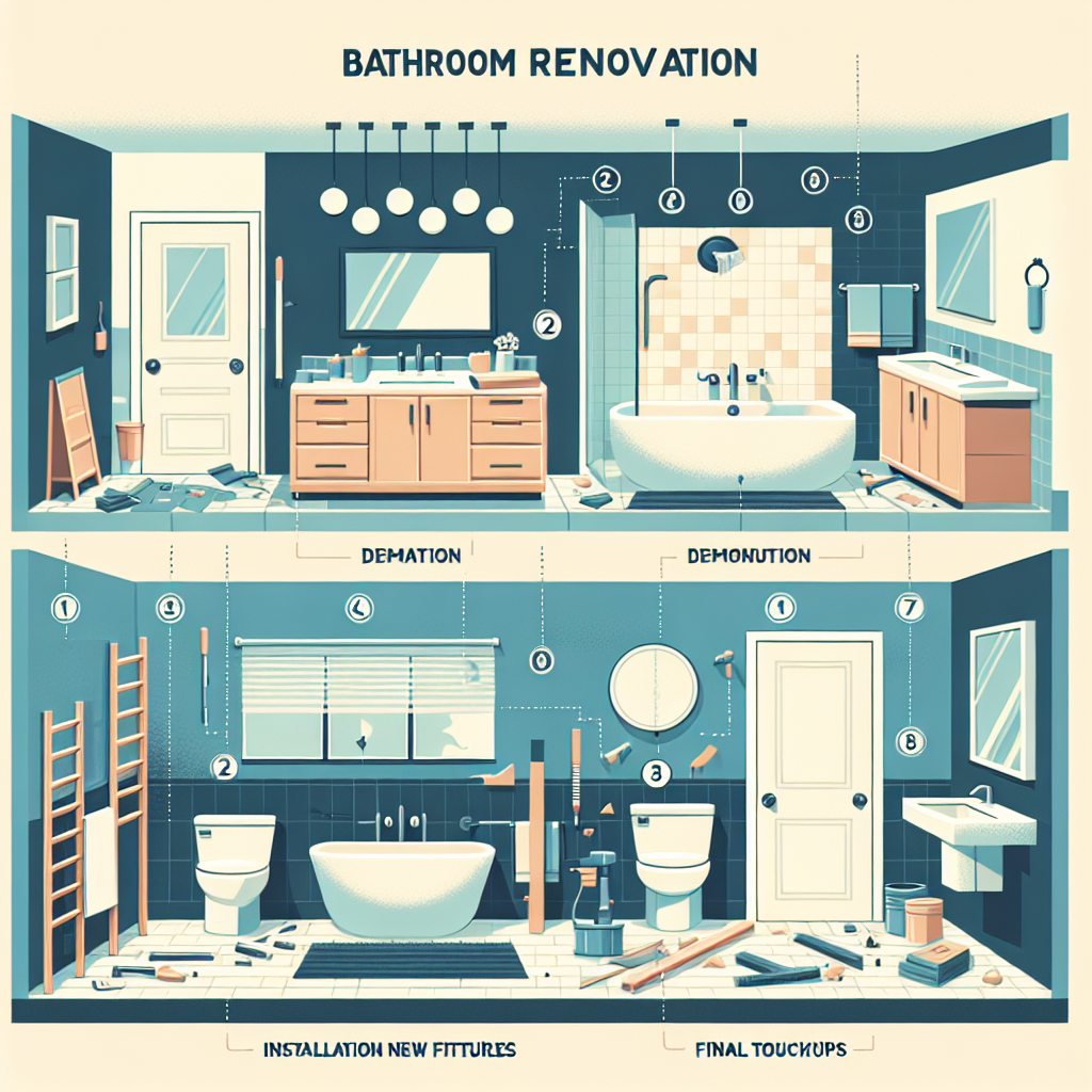 A modern bathroom renovation process with various stages illustrated