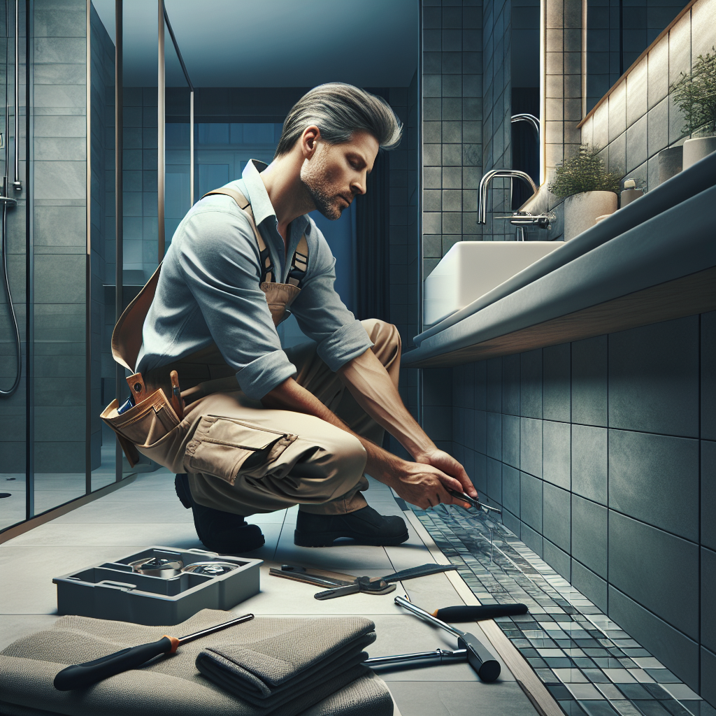A professional bathroom renovation scene with a skilled craftsman working on tiles and fixtures in a modern bathroom setting
