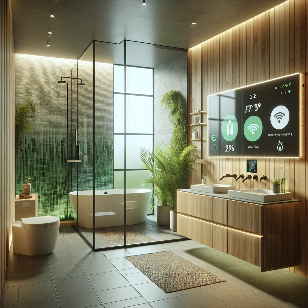 A modern bathroom design featuring sustainable materials and smart technology elements