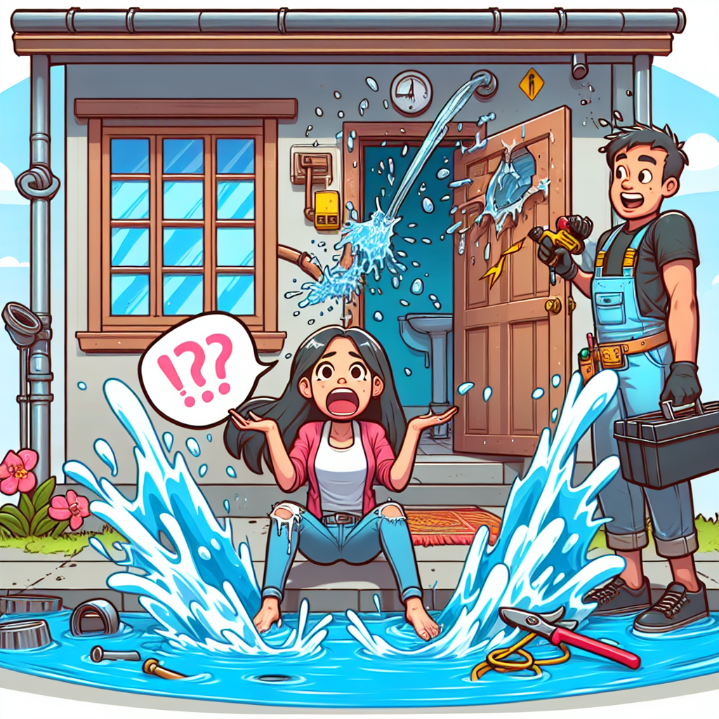 A humorous cartoon-style illustration of a person dealing with a plumbing emergency at home, with water splashing everywhere and a plumber arriving to help.