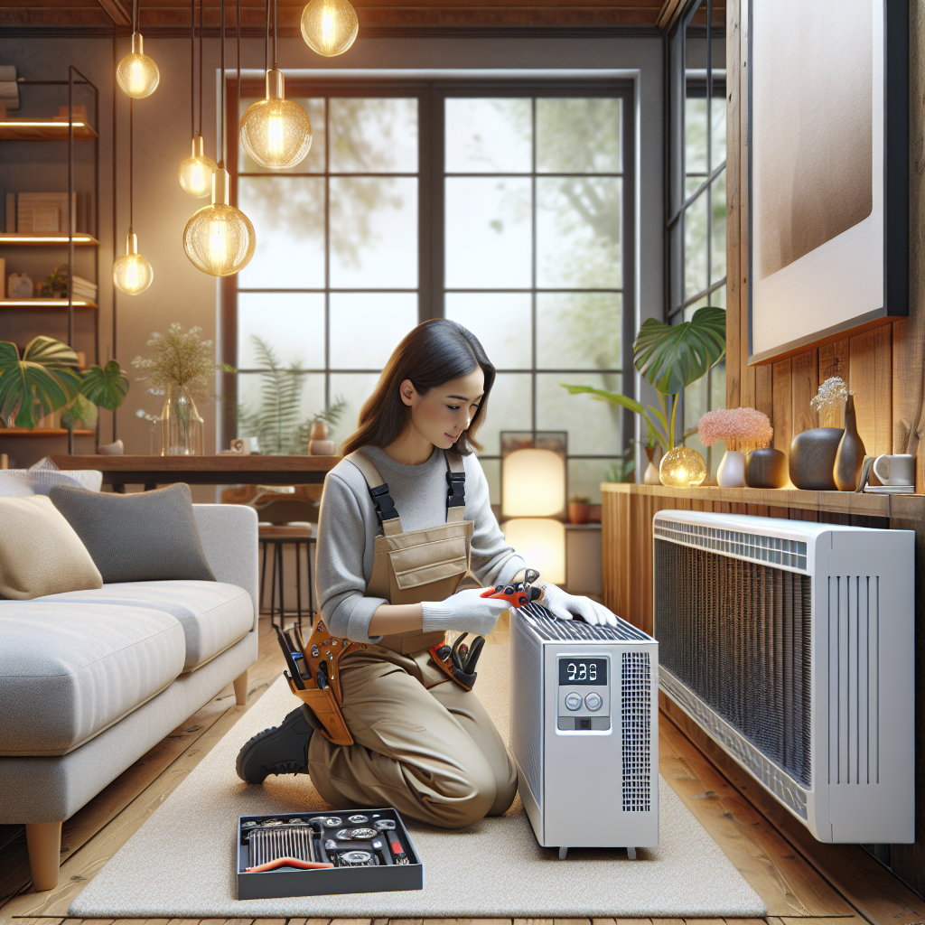 A technician performing maintenance on a modern heating system in a cozy home setting