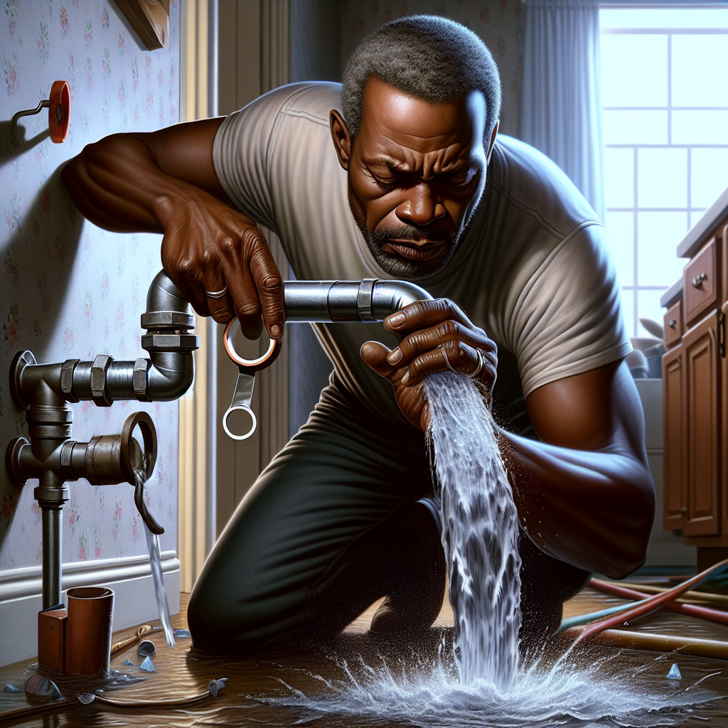A plumber fixing a pipe with water leaking in a home setting