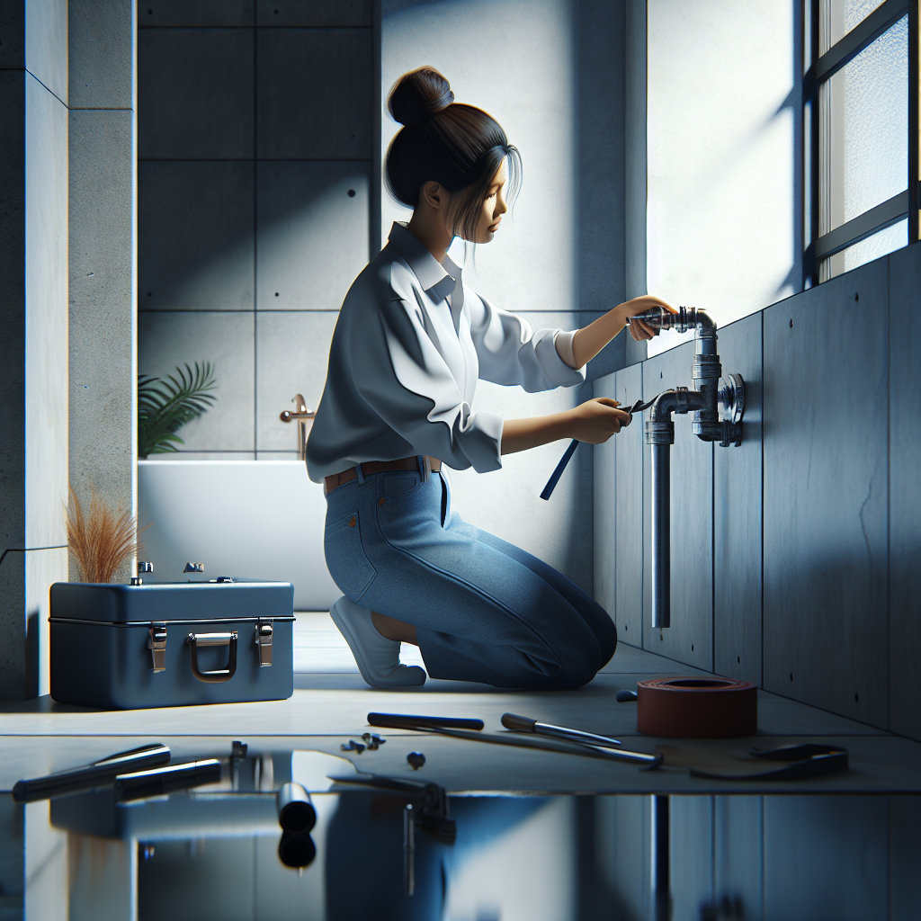 A plumber working on a broken pipe in a modern bathroom