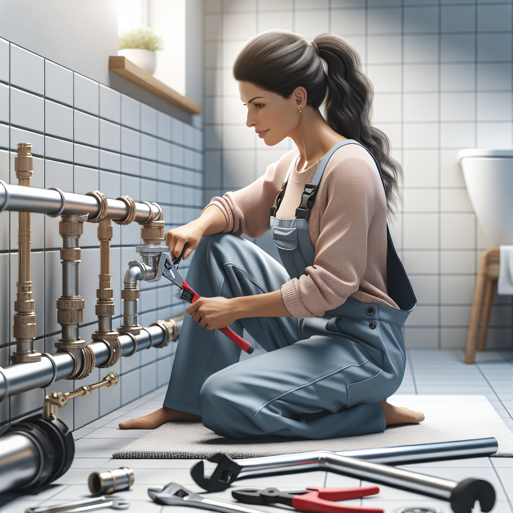 Ein Klempner bei der Arbeit an einer Rohrleitung in einem modernen Badezimmer