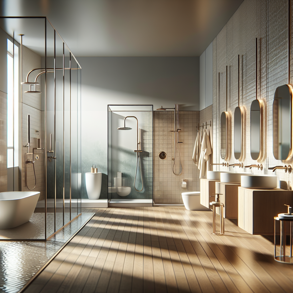 A modern bathroom renovation exhibition showcasing various designs and fixtures