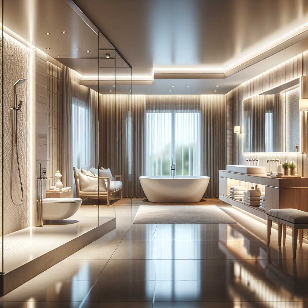 A modern bathroom design showcasing a freestanding bathtub and a spacious walk-in shower with elegant lighting