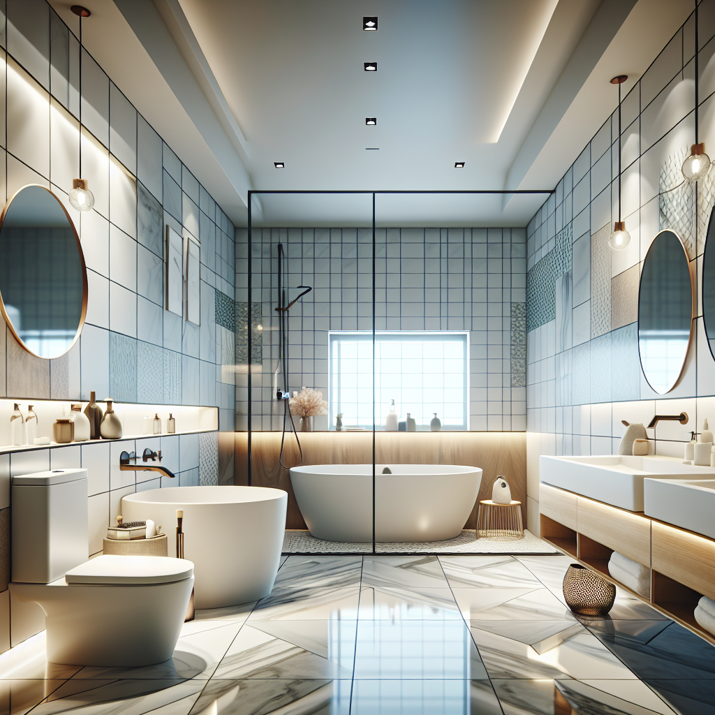 A beautifully modern bathroom with stylish tiles and fixtures, showcasing a mix of contemporary design and comfort