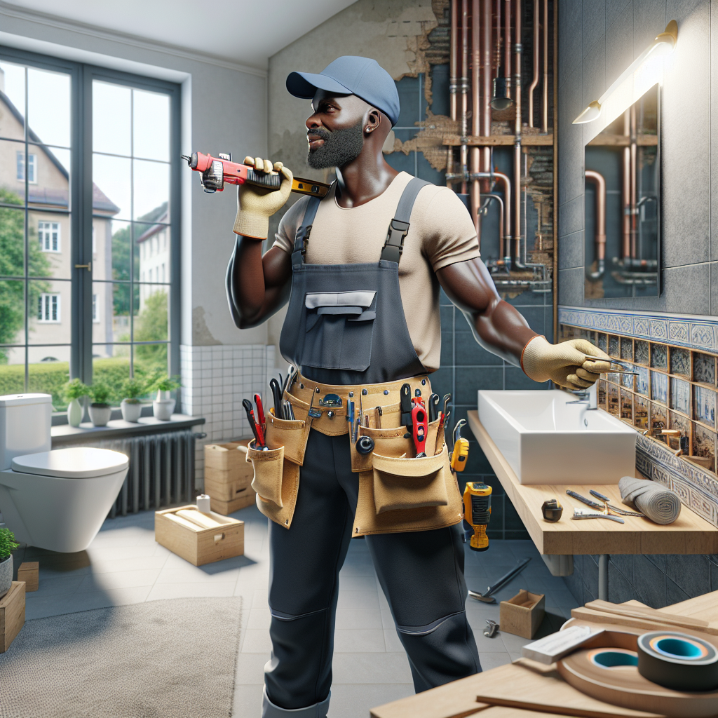 A professional plumber working on a bathroom renovation in Bonn, showcasing modern tools and techniques
