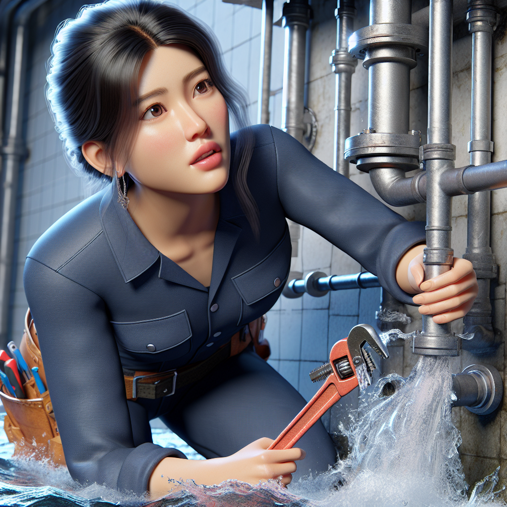 A plumber fixing a broken pipe with water splashing around