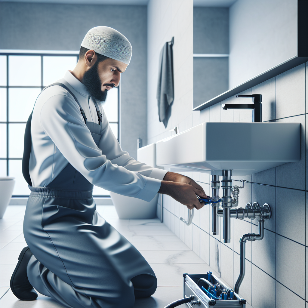 A professional plumber working on a sink installation in a modern bathroom setting