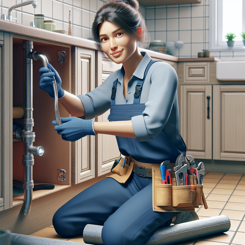 A professional plumber working on a pipe leak repair in a home setting