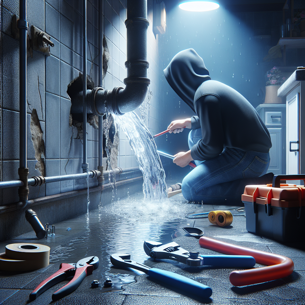 A plumber fixing a broken pipe in a home at night with tools and water leaking