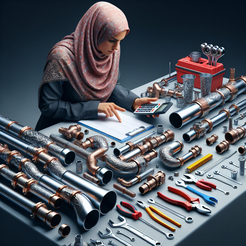 A professional plumber examining pipes and tools with a calculator and notepad