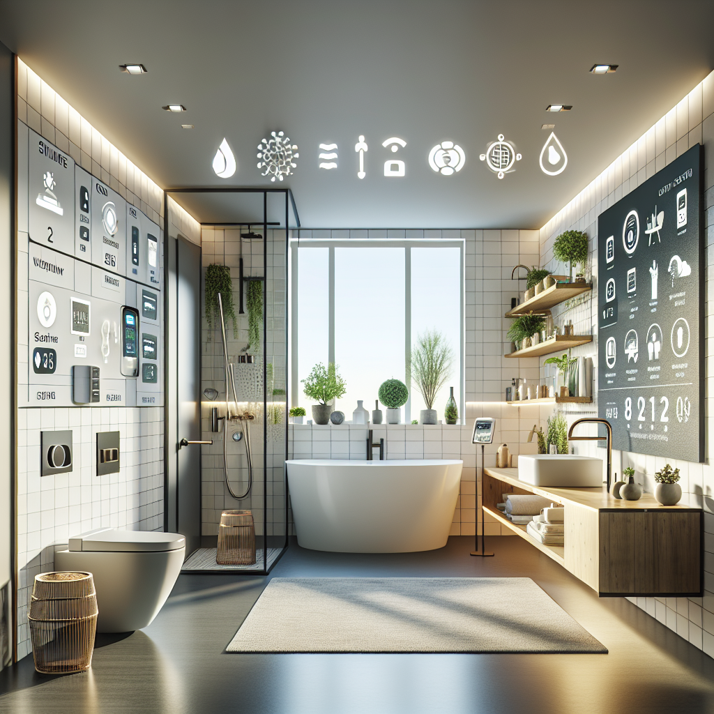 A modern bathroom with smart home technology features and eco-friendly materials