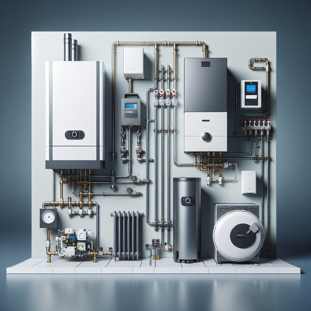 A modern heating system installation showcasing various Brötje products including gas boilers and heat pumps