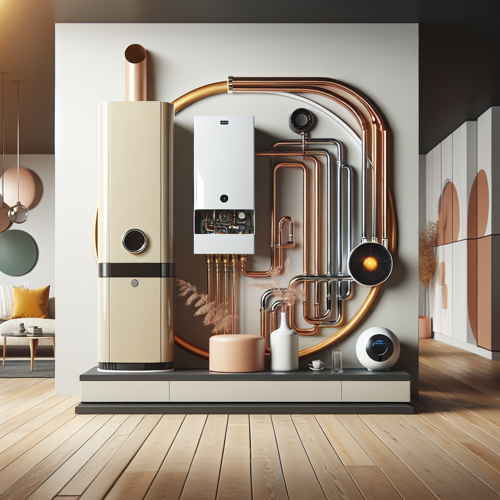 A modern heating system installation featuring Brötje products like a gas boiler and a heat pump in a stylish home setting