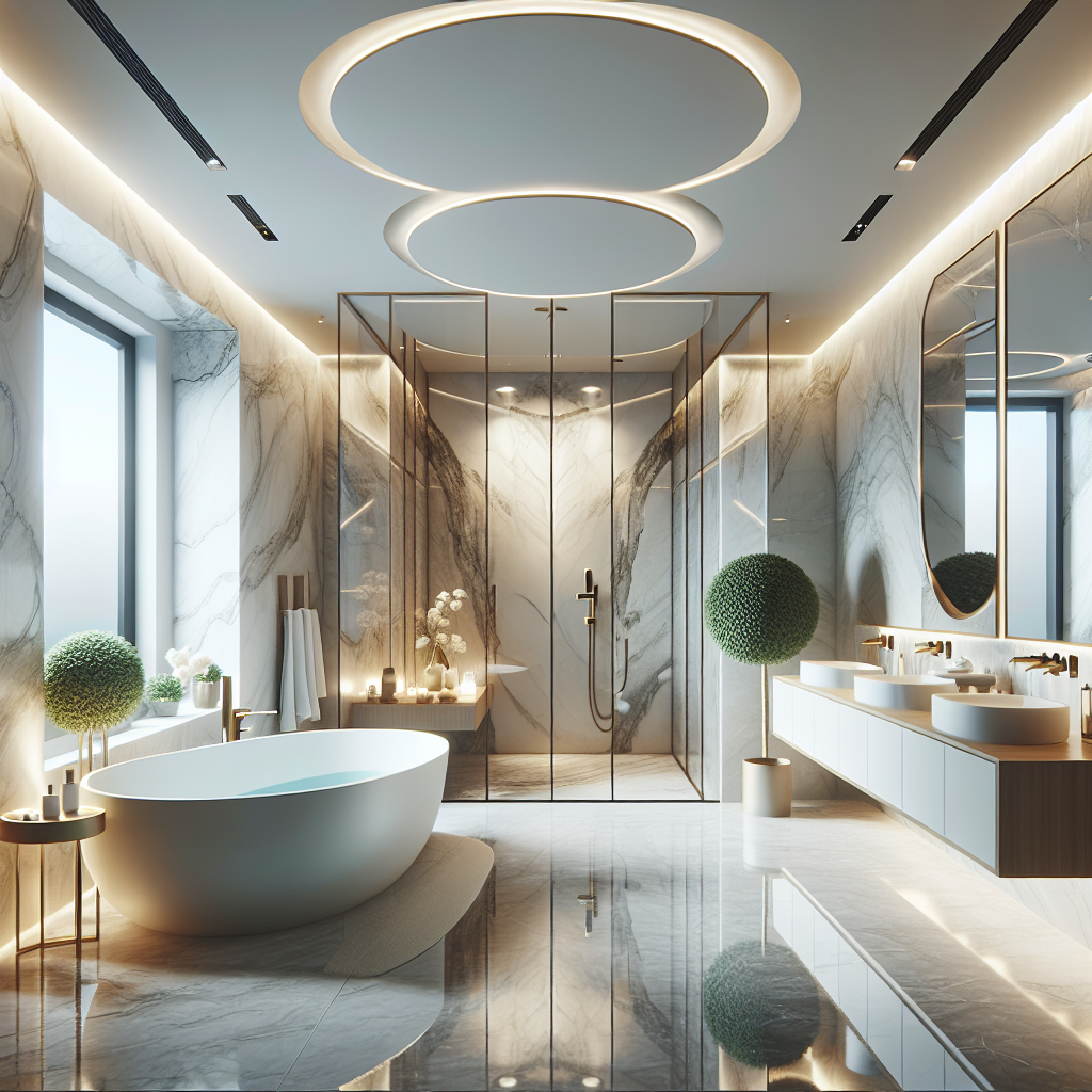 A luxurious modern bathroom design featuring marble surfaces and smart technology in a city villa setting
