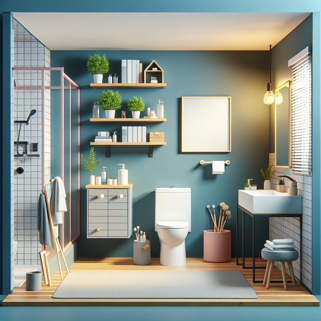A stylish small bathroom with space-saving furniture and bright colors