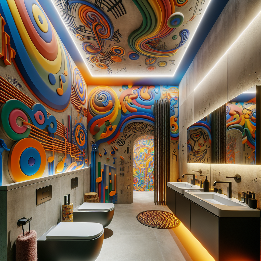 A beautifully designed modern bathroom inspired by music festivals and cultural events in Bonn, showcasing vibrant colors and artistic elements