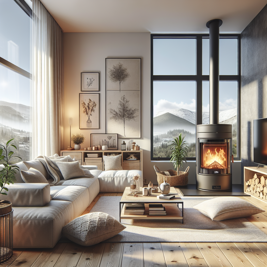 A modern and cozy living room with a smart heating system and a stylish pellet stove
