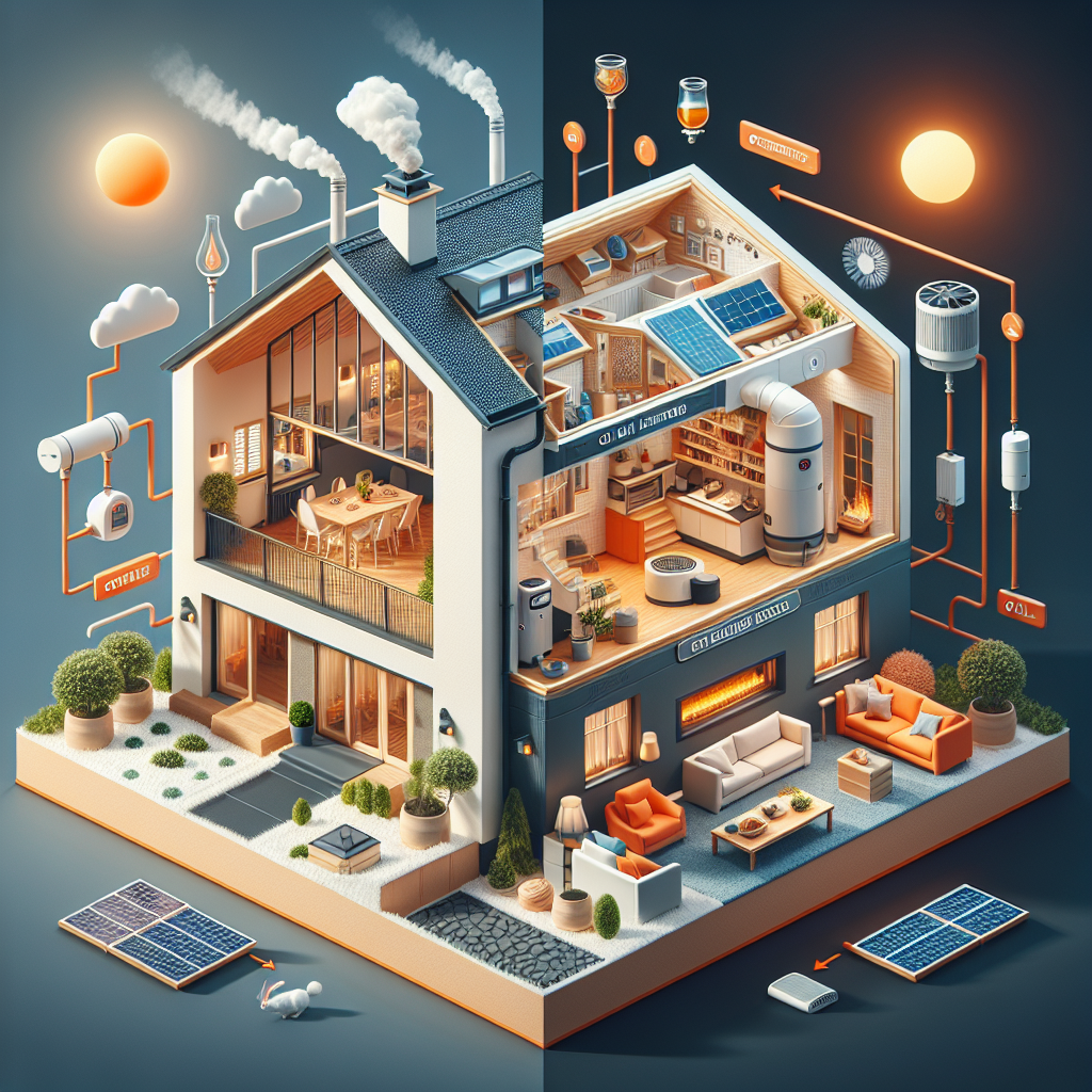 A cozy home with an oil heating system and alternative heating options like a heat pump and solar panels visible outside