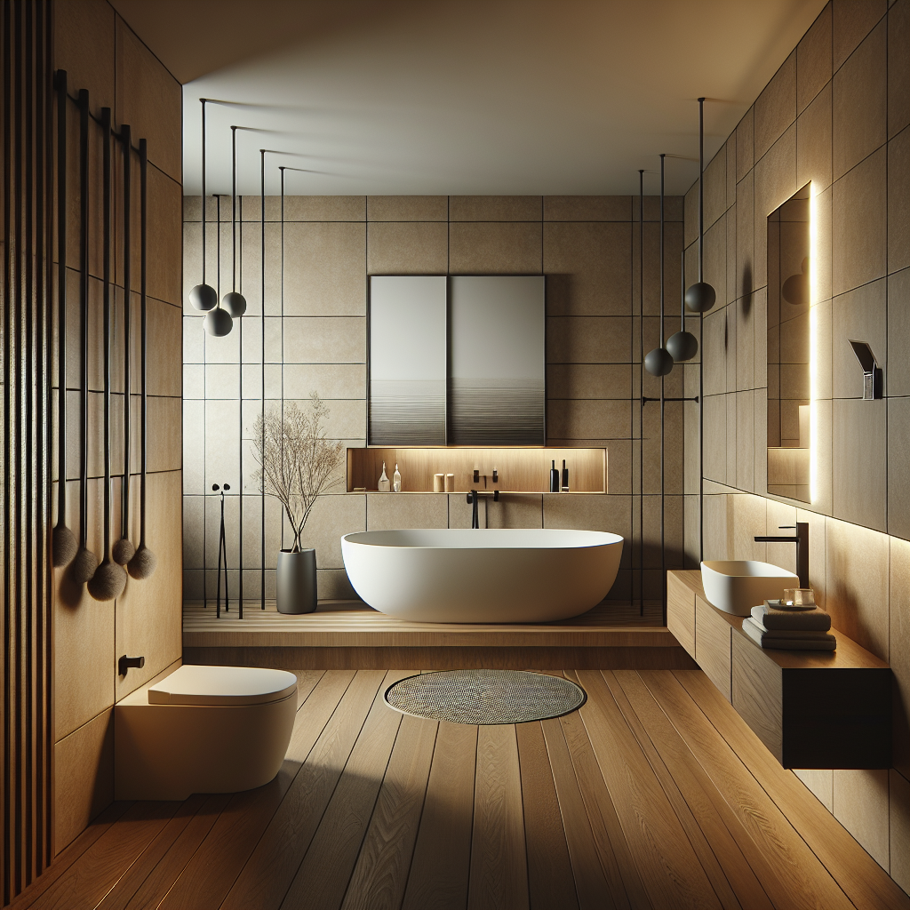 A modern bathroom design showcasing sleek lines and earthy tones with energy-efficient fixtures