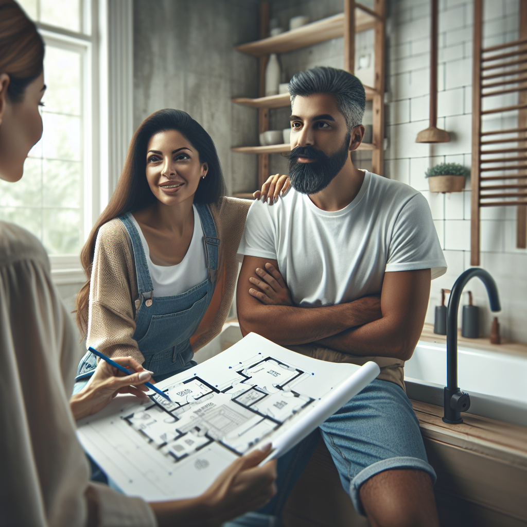 A modern bathroom renovation process with a contractor discussing plans with homeowners