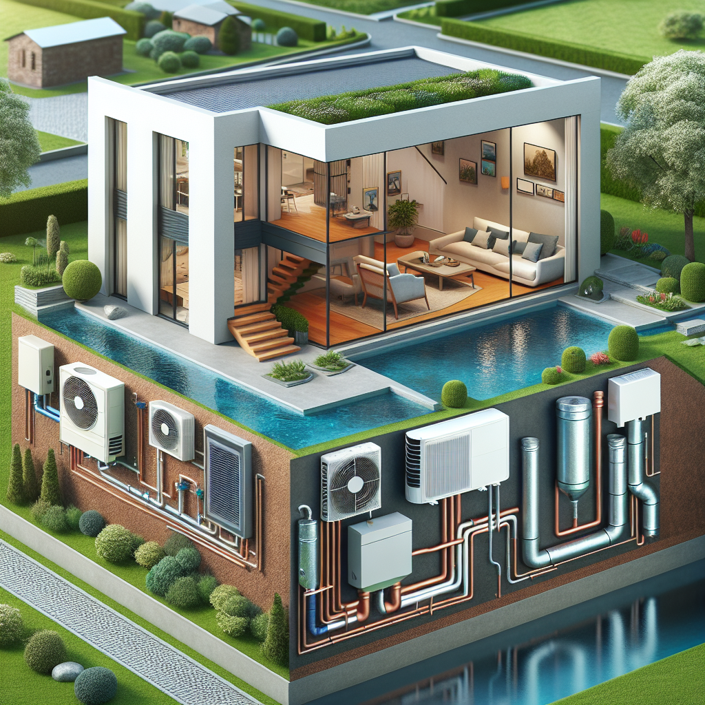 A modern home with various types of heat pumps installed outside: air source heat pump, ground source heat pump with pipes visible underground, and a water source heat pump near a pond