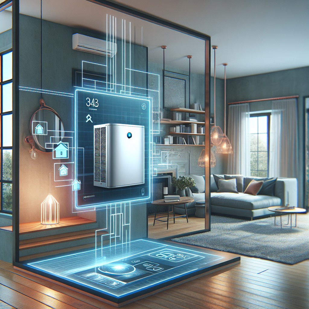 A modern home with a digital heating system display showing a heat pump configurator interface