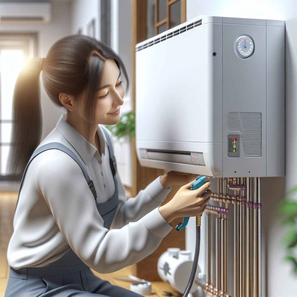 A technician installing a modern heat pump system in a residential setting