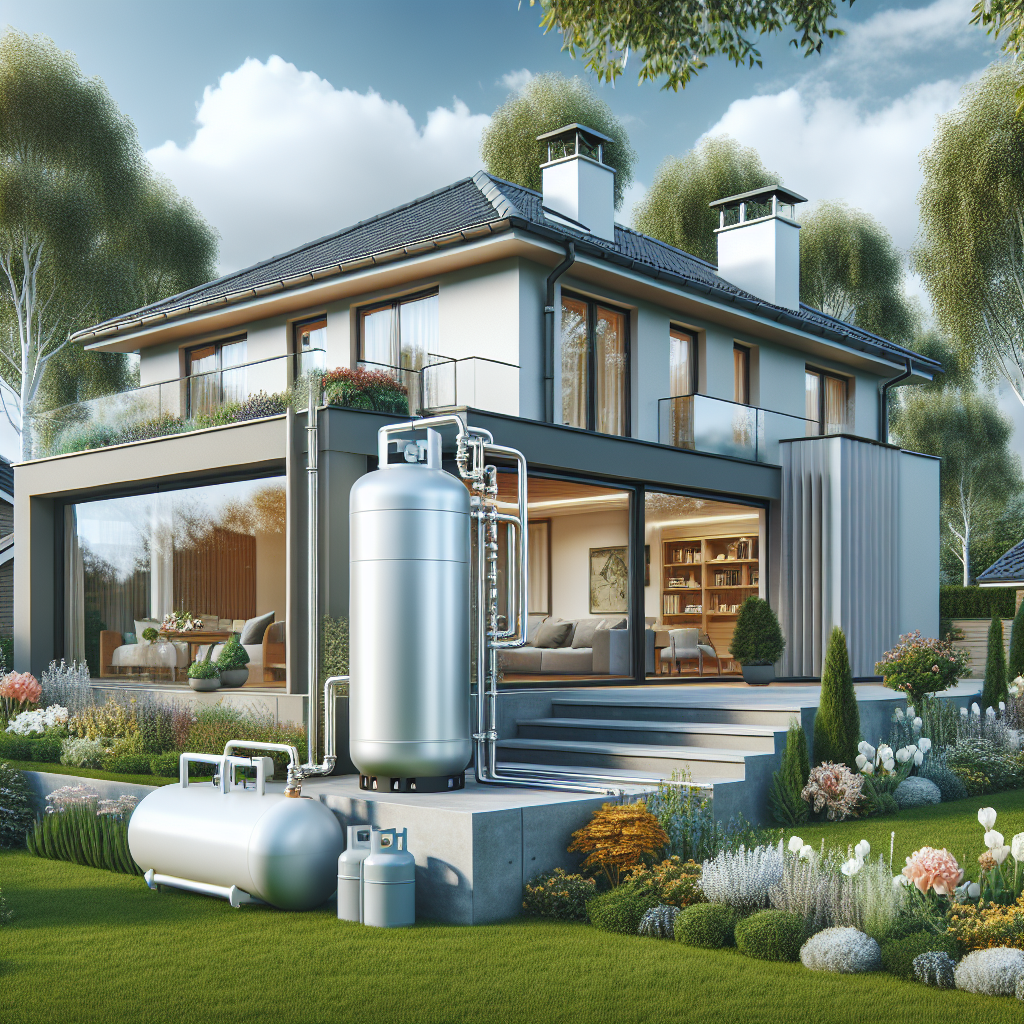 A modern home with a liquid gas heating system installed outside, showcasing a gas tank and pipes in a well-maintained garden.