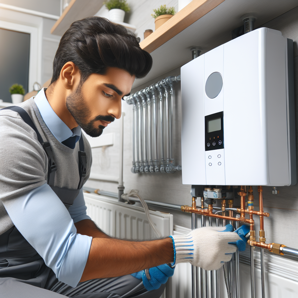 A technician performing maintenance on a liquid gas heating system in a modern home setting